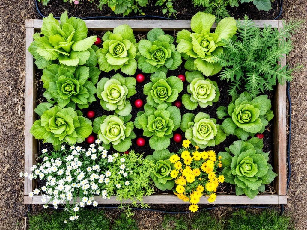 Top-down view of a raised bed with lettuce, radish, alyssum, calendula, and dill arranged in zones with access paths.