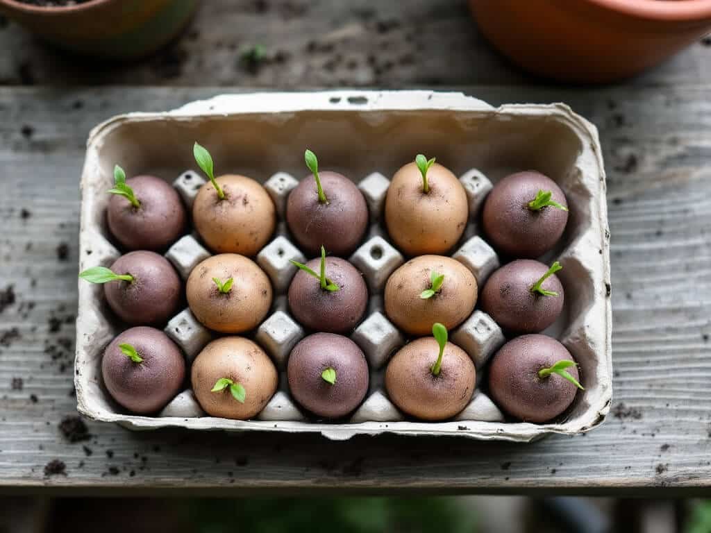 Seed potatoes with short green-purple sprouts standing in an egg carton on a wooden potting bench for chitting.