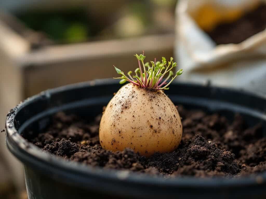 A sprouted seed potato resting on compost in a half-filled black pot, ready to be covered.