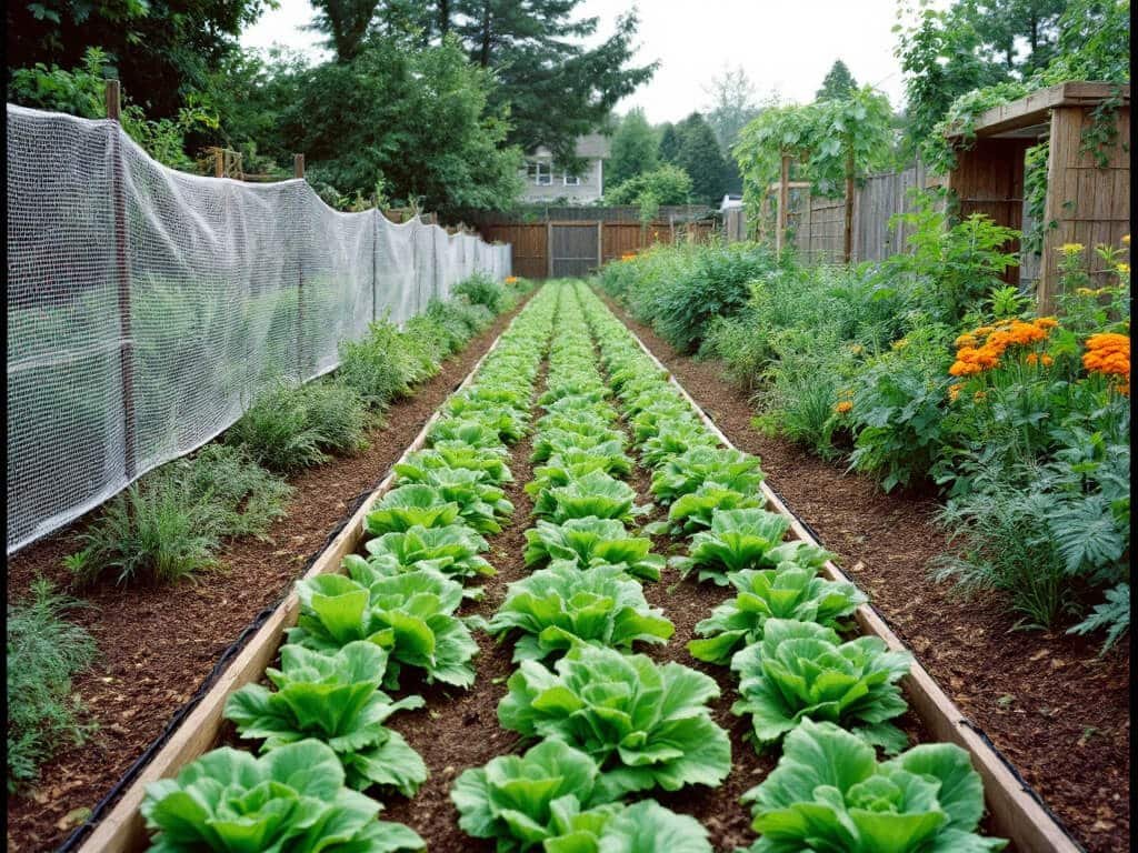 Evenly spaced kale in a raised bed with lettuce, radishes, herbs, marigolds, a pea trellis, and folded insect netting.