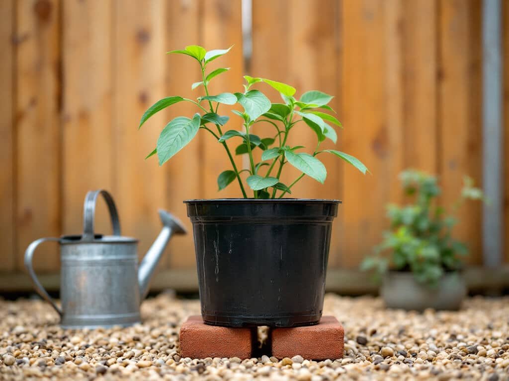 Young potato plant in a black pot with damp compost and water draining out, beside a galvanized watering can.
