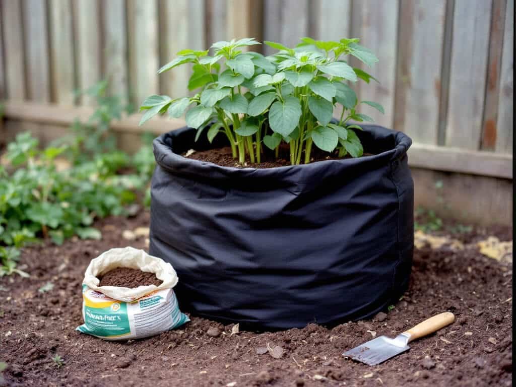 Potato shoot tips emerging from compost in a nearly full fabric grow bag, with a compost bag and trowel beside it.