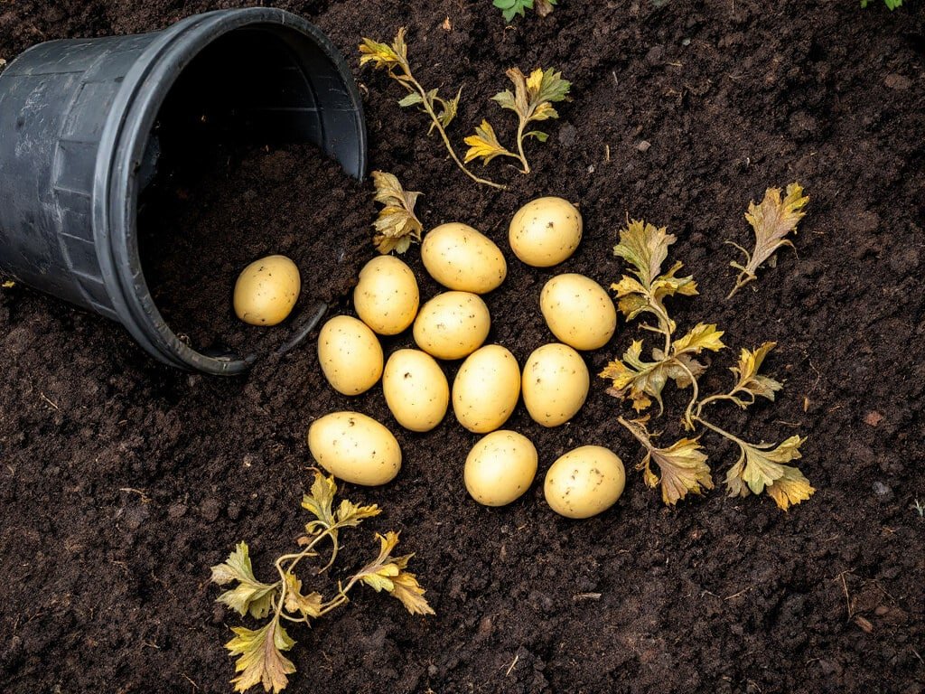 Freshly harvested potato tubers in loose compost beside yellowed potato foliage and an empty black pot.
