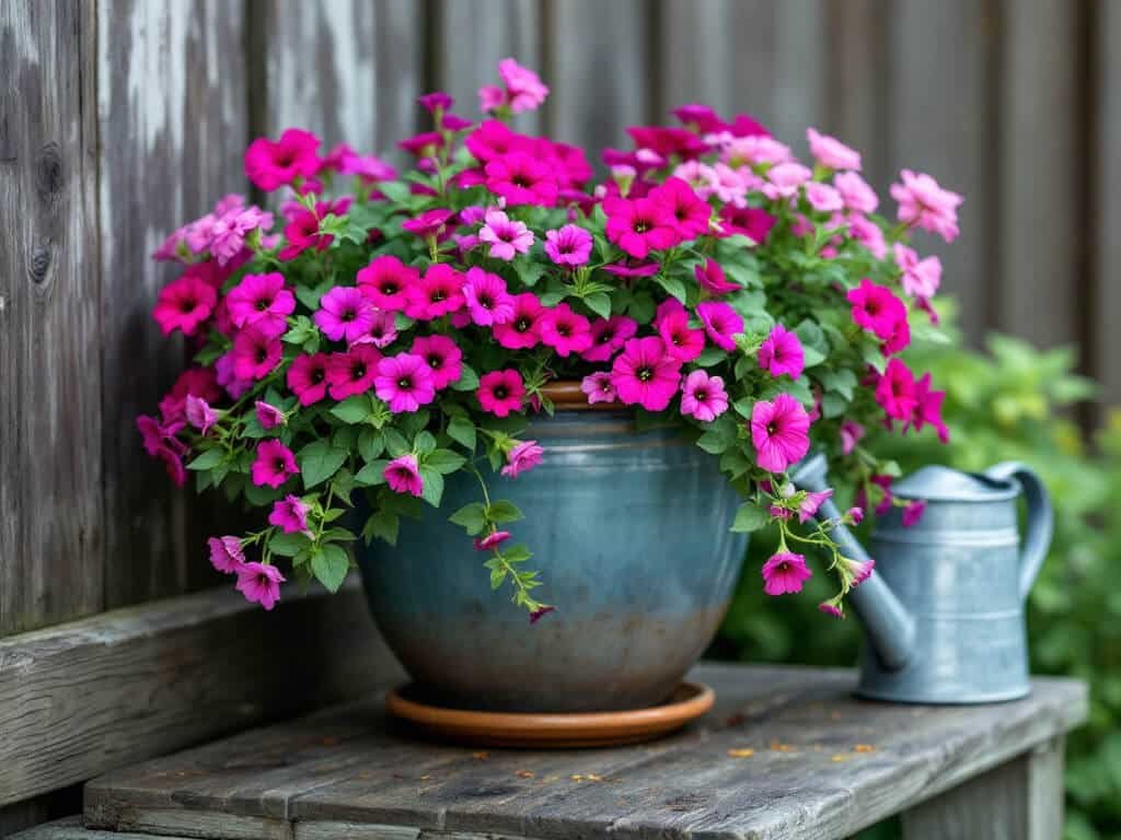 Container of trailing calibrachoa, purple petunias, and pink verbena spilling over the rim of a ceramic pot on a patio step.