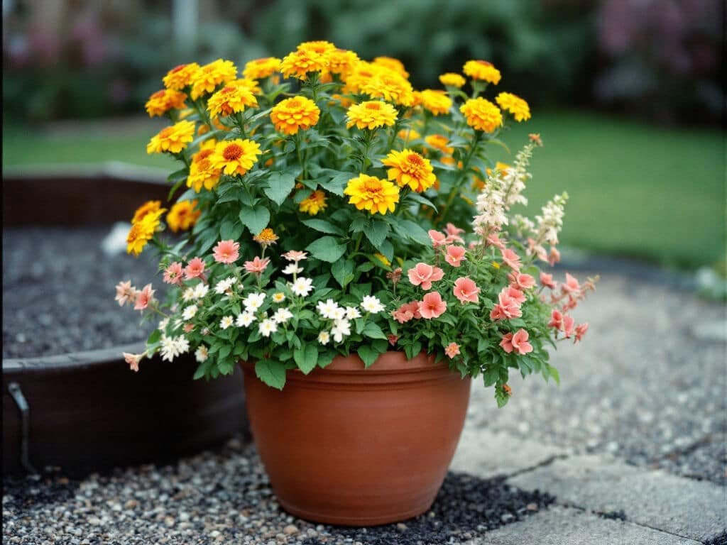 Terracotta pot with upright orange-yellow lantana above mounded nemesia and pink diascia on a gravel patio.
