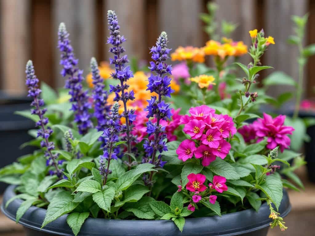 Close-up of violet salvia spikes, a lantana flower head, and trailing magenta verbena at the edge of a container.