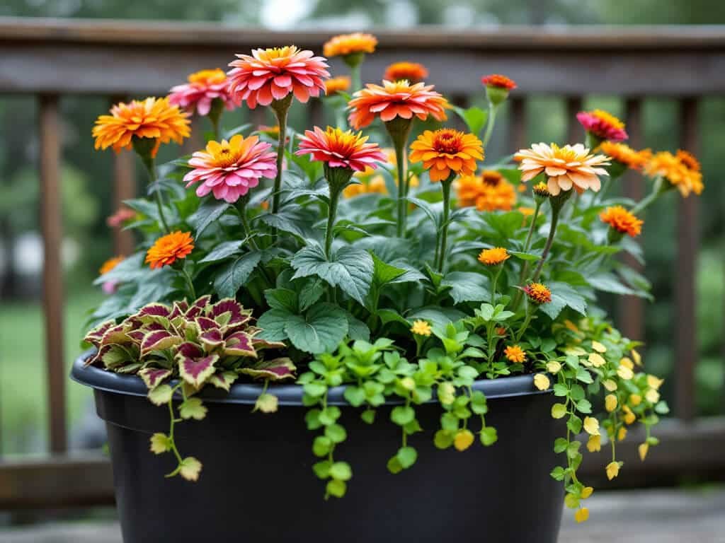 Deck container with orange and pink zinnias, burgundy-lime coleus, and golden creeping Jenny trailing over the rim.