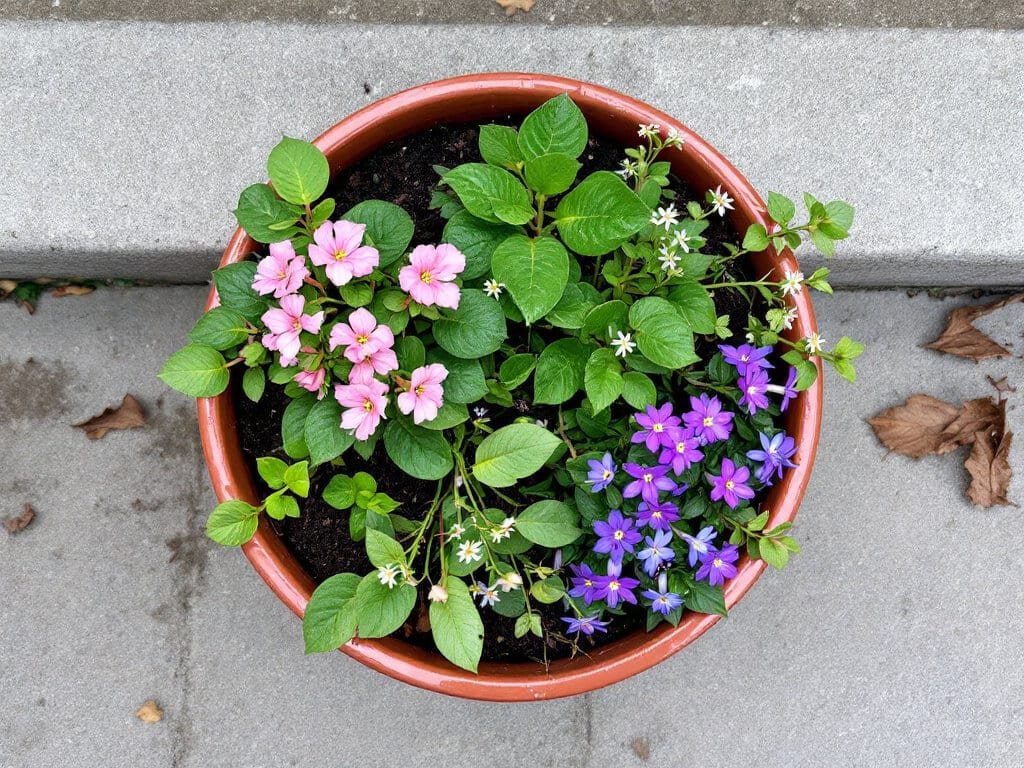 Top-down view of a pot with pink begonias, white bacopa, and violet-blue torenia on a shaded porch step.