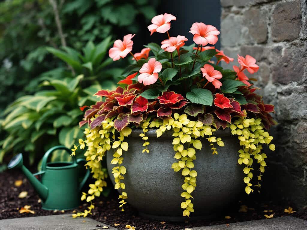 Shaded container of coral impatiens, red coleus, and golden creeping Jenny beside a garden wall.