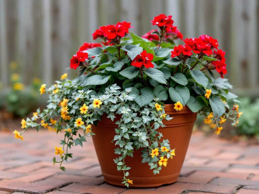 Terracotta pot with red pelargonium, trailing yellow calibrachoa, and silver falls dichondra on a brick patio.