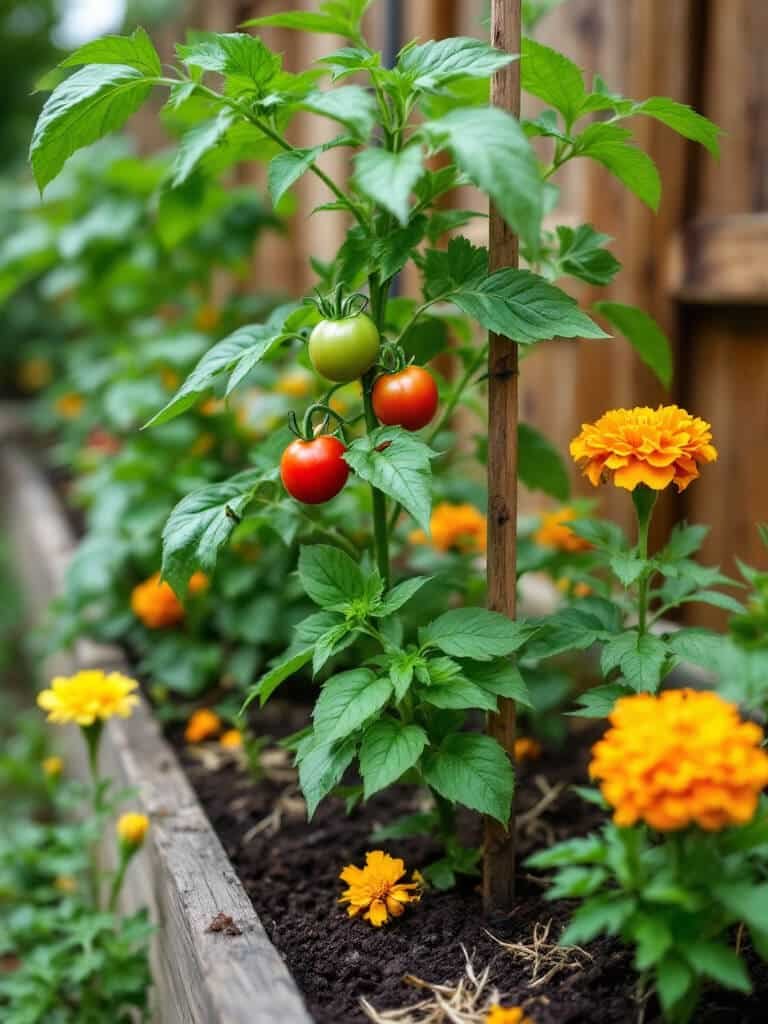 Staked tomato plant with ripening fruit growing beside basil and orange marigolds in a raised garden bed.