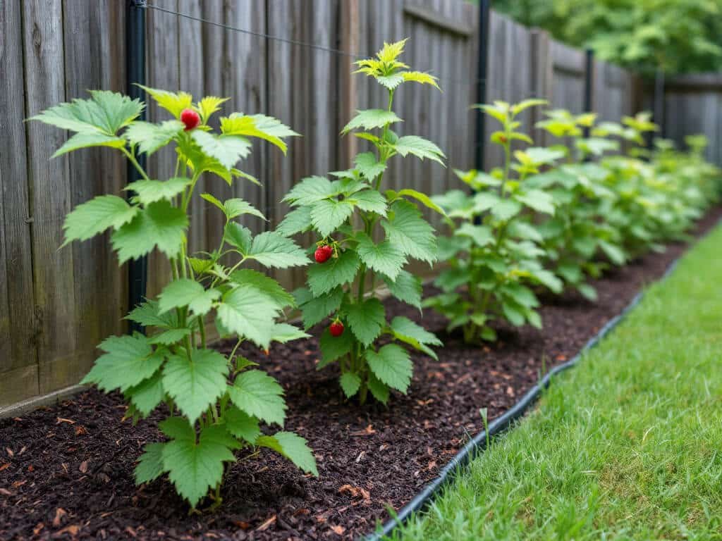 Evenly spaced red raspberry plants in a mulched home garden row with a mown grass strip beside it.
