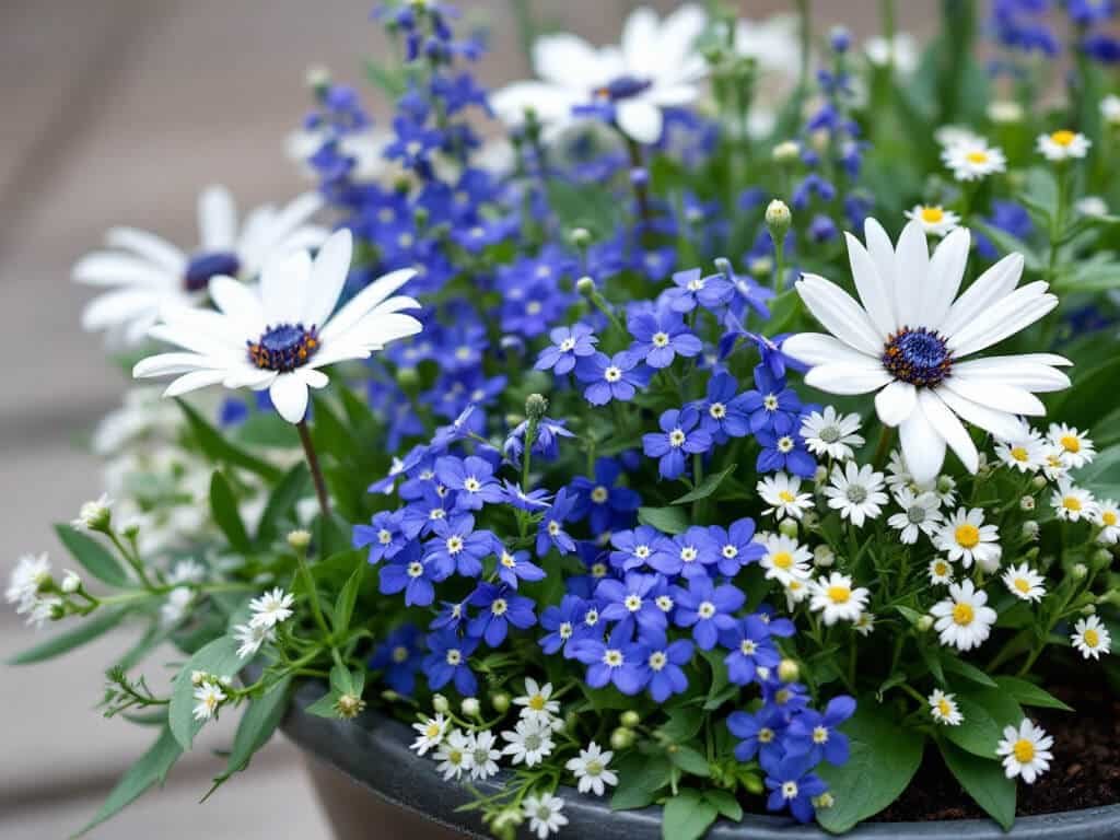Close-up of white osteospermum daisies, blue lobelia, and white alyssum growing together in a container.