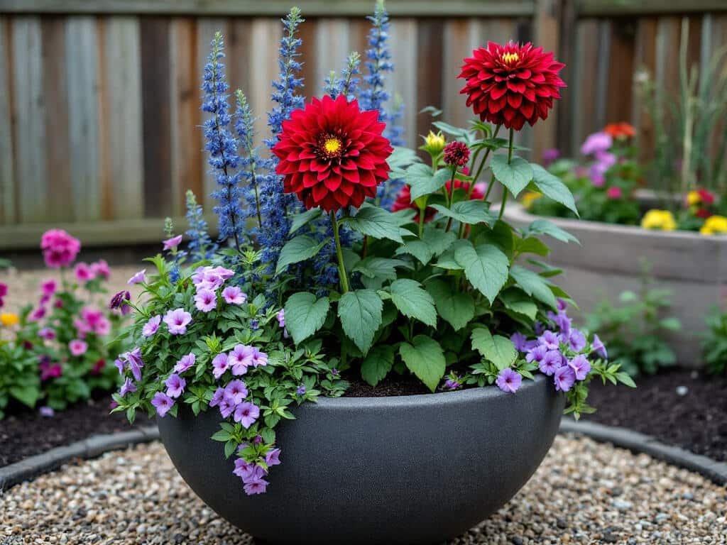 Large container with a red double dahlia, blue salvia spikes, and trailing purple petunias on a gravel patio.