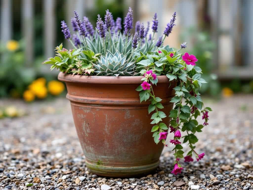 Terracotta pot with purple lavender, fleshy-leaved sedum, and trailing magenta verbena on a gravel patio.