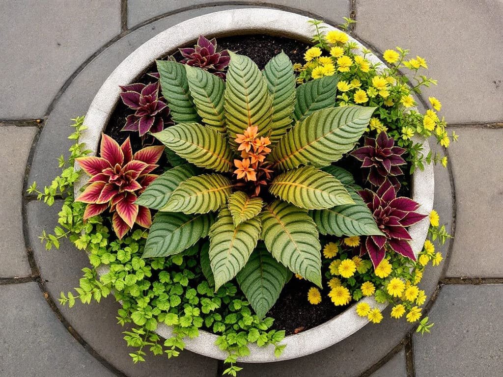 Top-down view of a large pot with a central canna, burgundy coleus, and golden creeping Jenny on a patio.