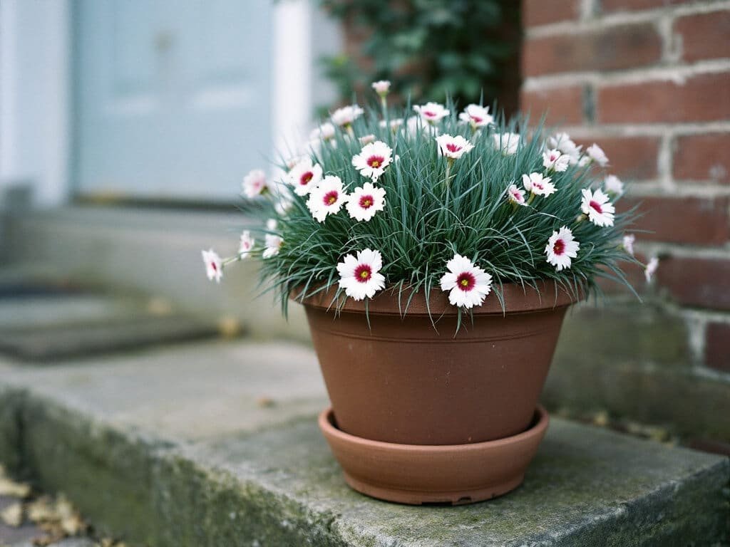 Single terracotta pot of Dianthus 'Gran's Favourite' with fringed white flowers and blue-gray foliage on a doorstep.