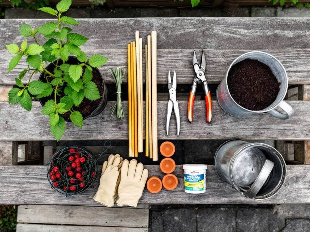 Raspberry plant, bamboo canes, ties, pruners, pot feet, potting mix, fertilizer and watering can laid out on a potting bench.