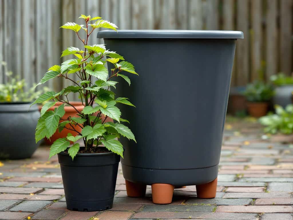 Empty deep container on pot feet with drainage holes, beside a young raspberry plant in a nursery pot.