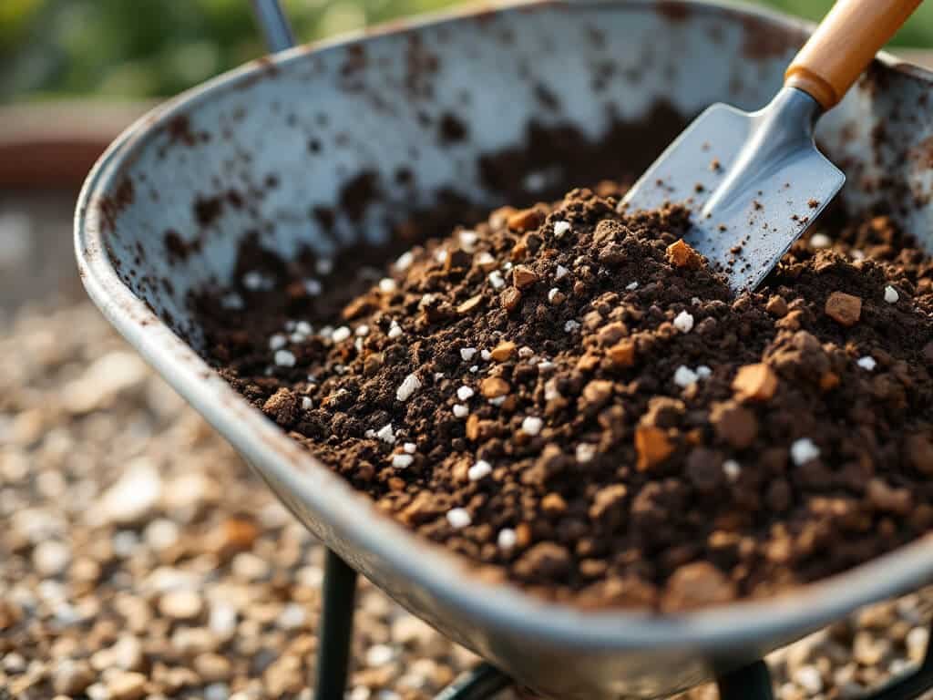 Close view of a mix of soil, perlite and ground bark in a wheelbarrow, prepared for potting a raspberry.