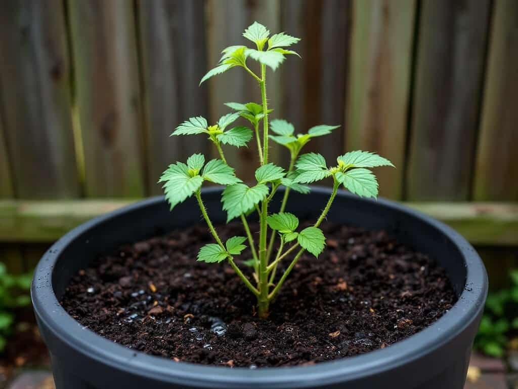 Newly planted raspberry canes in the center of a large container of freshly watered potting mix.