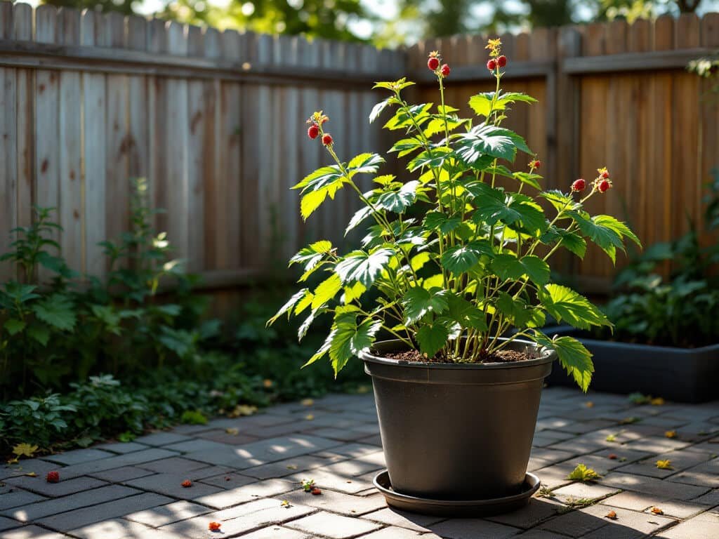 Potted raspberry with two-foot canes on a sunny patio corner beside a fence in early-morning light.