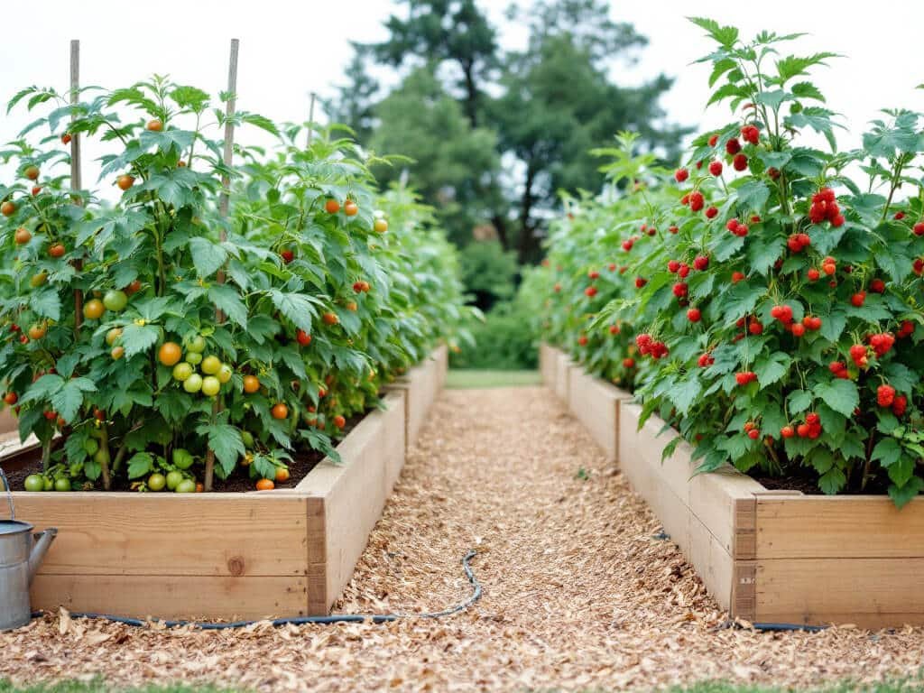 Tomato plants and raspberry canes growing in two separate raised garden beds with a path between them.
