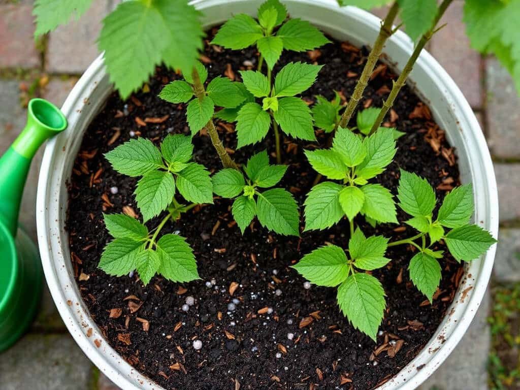 Top-down view of a potted raspberry with moist soil, fertilizer granules and a watering can at the edge.