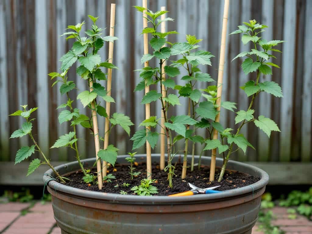Container raspberry thinned to five tied canes with trimmed canes and pruners beside the pot.