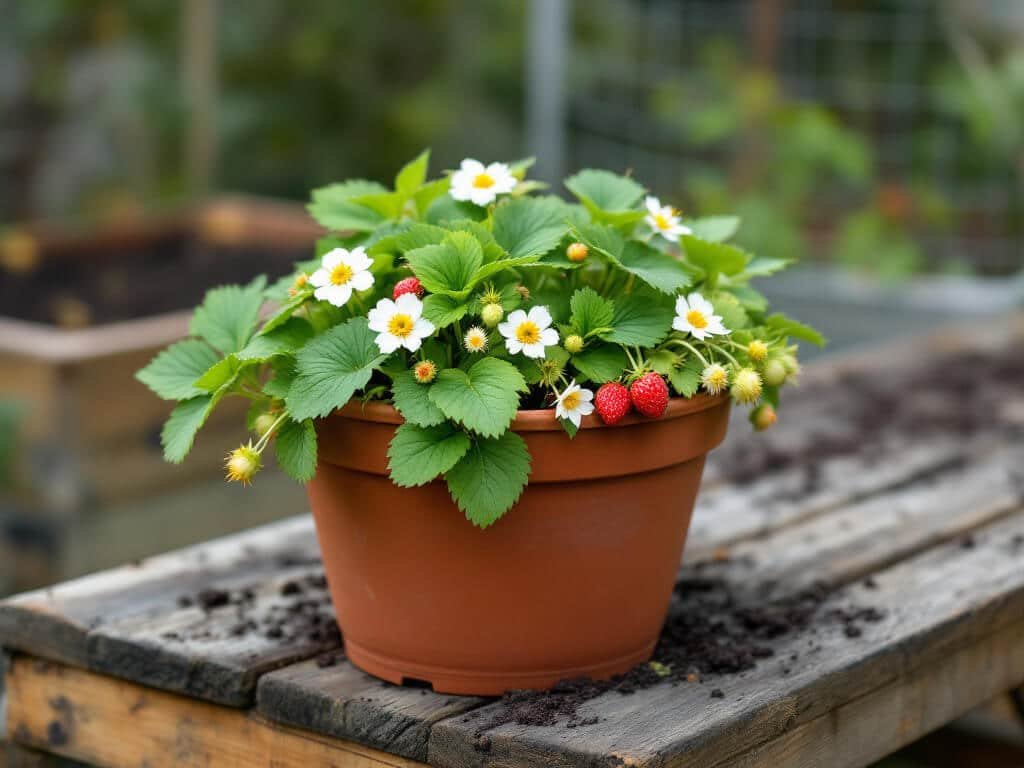 A deep round terracotta pot holding a day-neutral strawberry plant with white flowers and red berries on a garden bench.