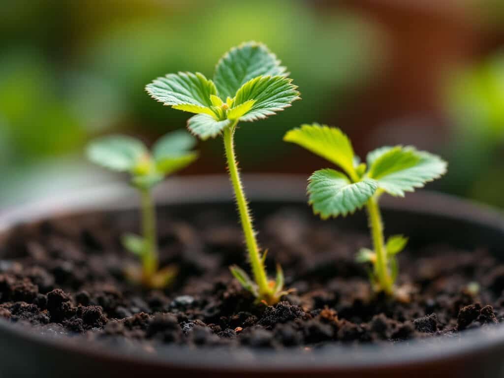 Close-up of a newly planted strawberry seedling with its crown level with the surface of the potting mix in a container.