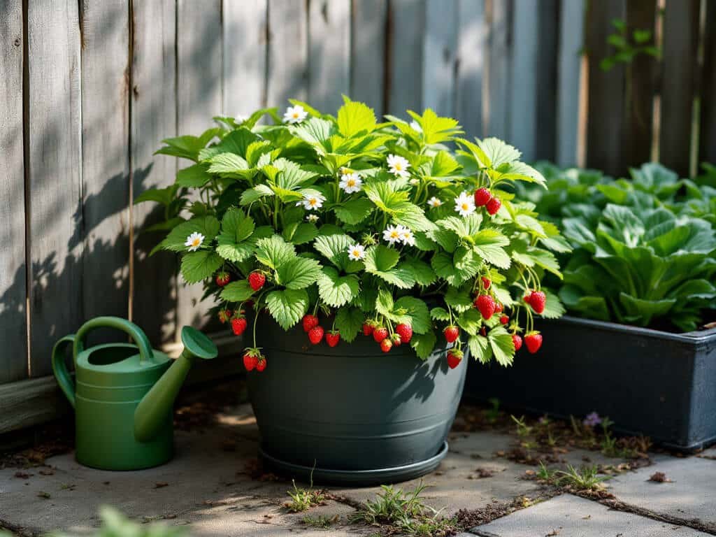 A pot of strawberry plants in a sunny sheltered patio corner beside a wooden fence with a watering can nearby.