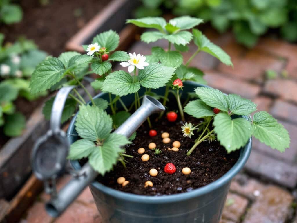 A watering can beside a pot of damp strawberry plants with slow-release fertilizer pellets scattered on the potting mix.