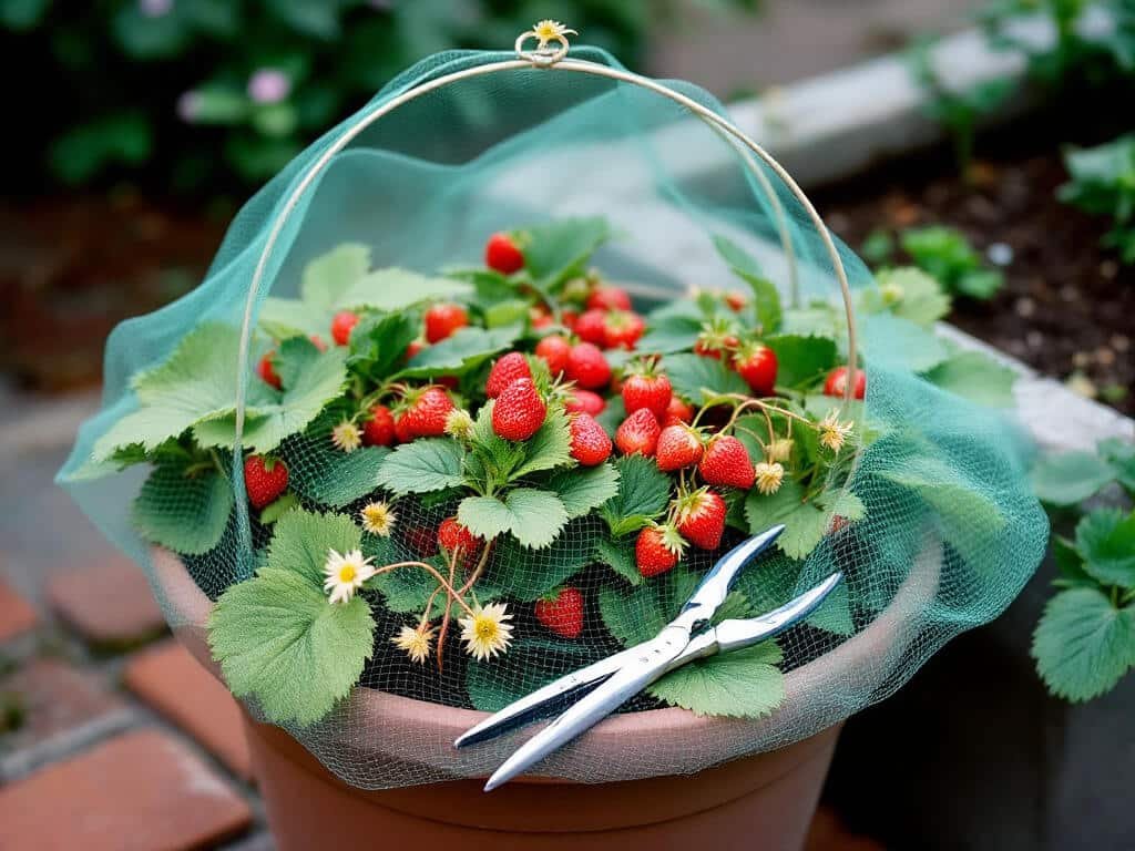 A pot of strawberry plants under bird netting with pruners and a cut runner resting on the rim.
