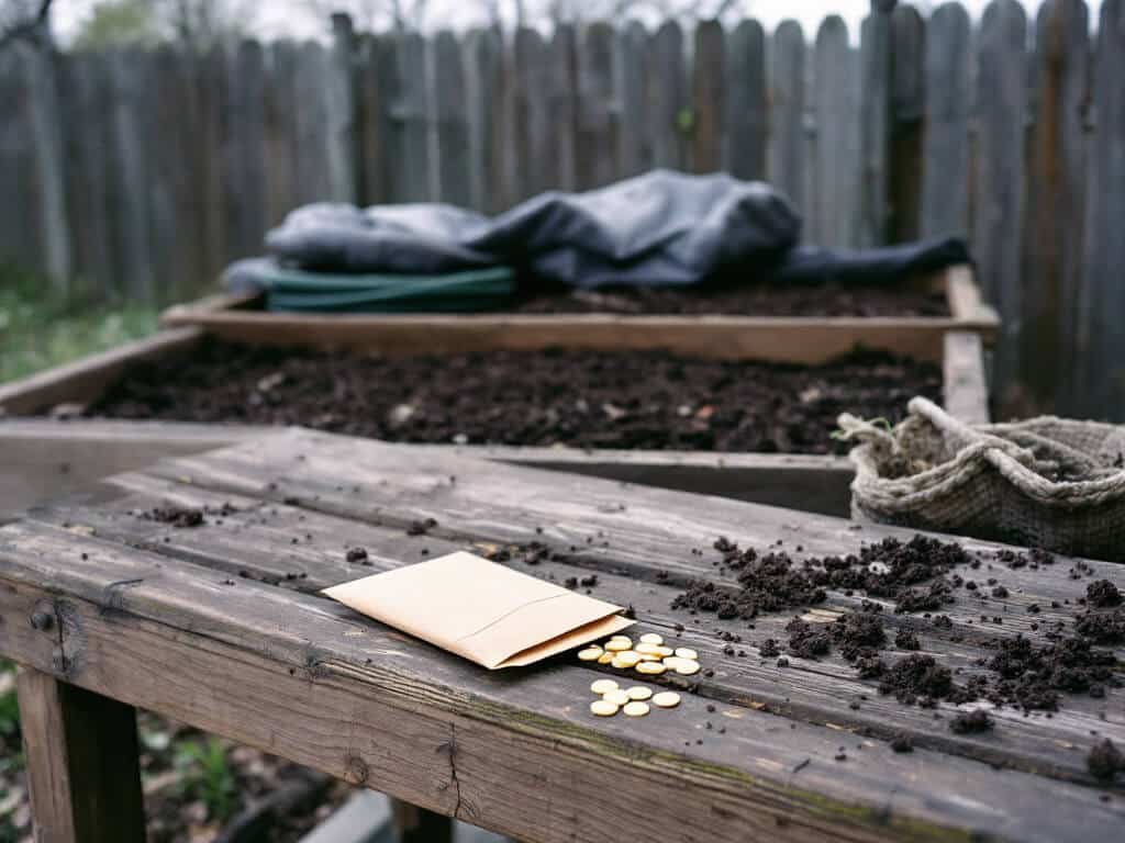 Tomato and pepper seeds beside blank envelopes on a potting bench next to a bare early-spring raised bed.