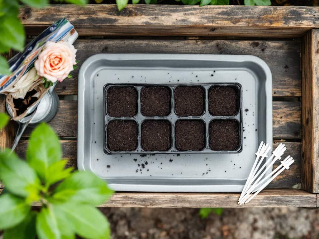 Cell trays filled with moist seed-starting mix on an outdoor potting bench with a watering can beside them.