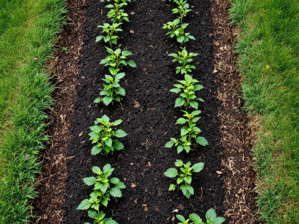 Top-down view of evenly spaced young raspberry plants in a mulched row with wide grass aisles.
