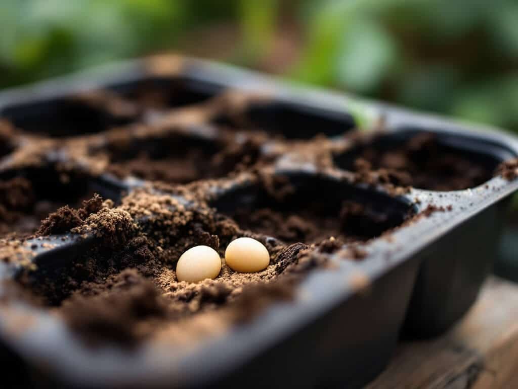Close-up of tomato seeds pressed into a cell of moist seed-starting mix on an outdoor potting bench.