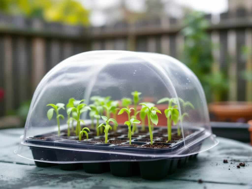 Tomato seedlings just emerging in a tray under a clear humidity dome on a patio table.