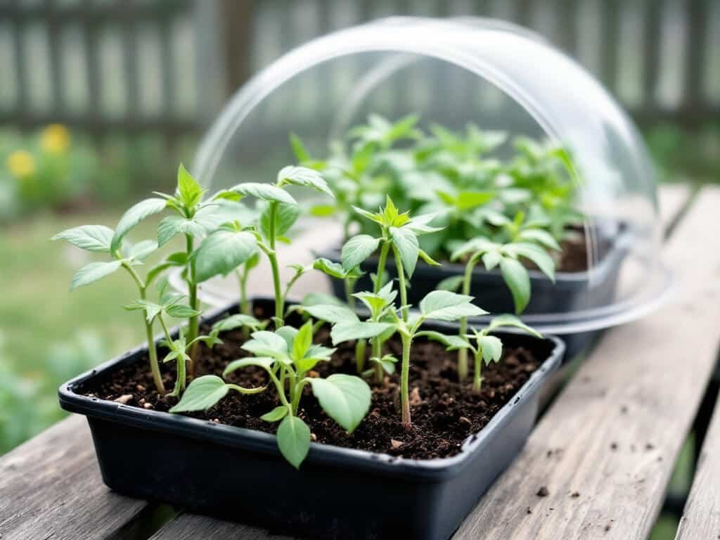 Sturdy tomato and pepper seedlings in trays on an outdoor bench with the humidity dome removed.