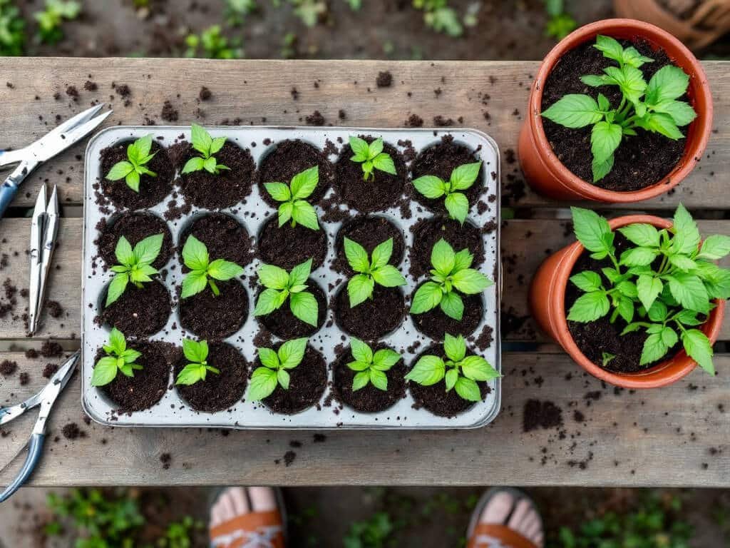 Tomato seedlings thinned to one per cell, with larger potted-up tomato seedlings beside the tray.