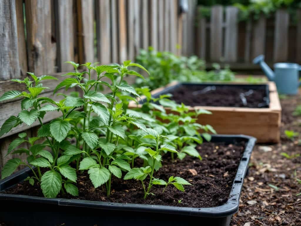 Tomato and pepper seedlings hardening off in a shaded spot beside a prepared raised bed.