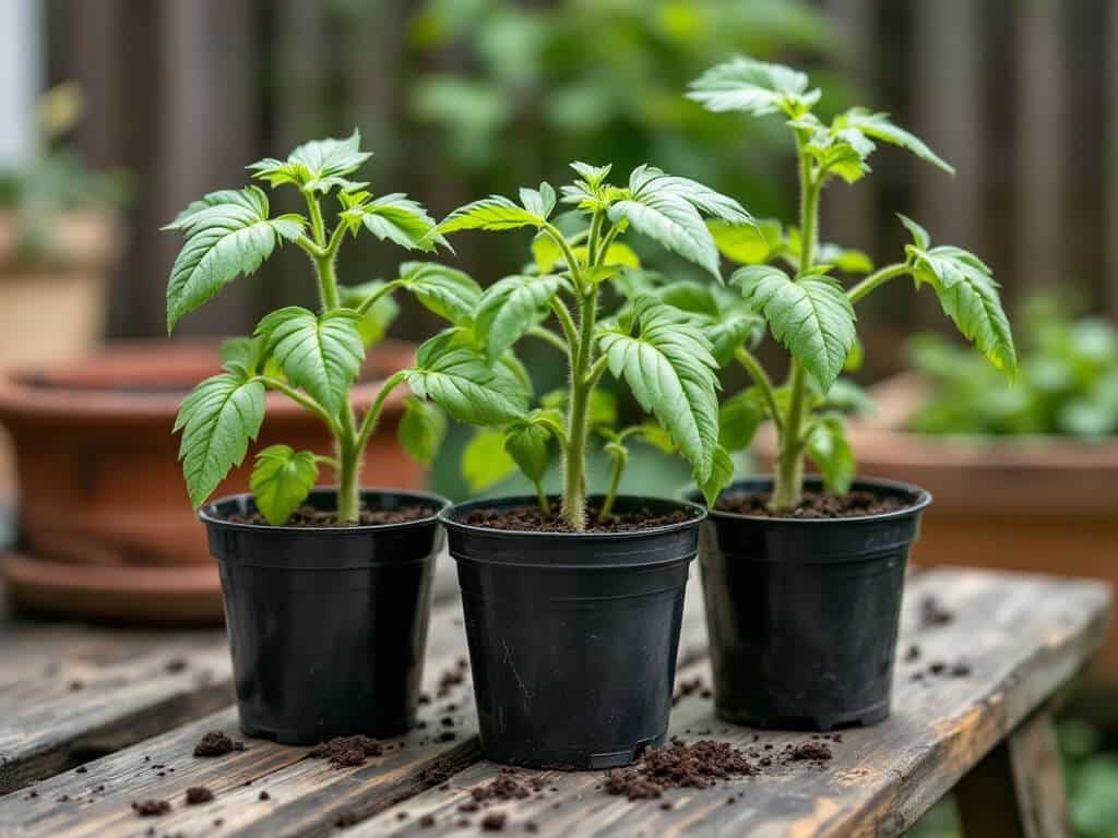 Three sturdy tomato seedlings in small black pots on a wooden potting bench, ready for hardening off.