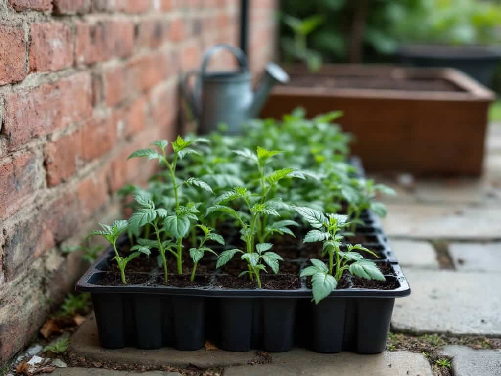 A cell tray of tomato seedlings on a sheltered flagstone patio beside a watering can on a calm, mild day.