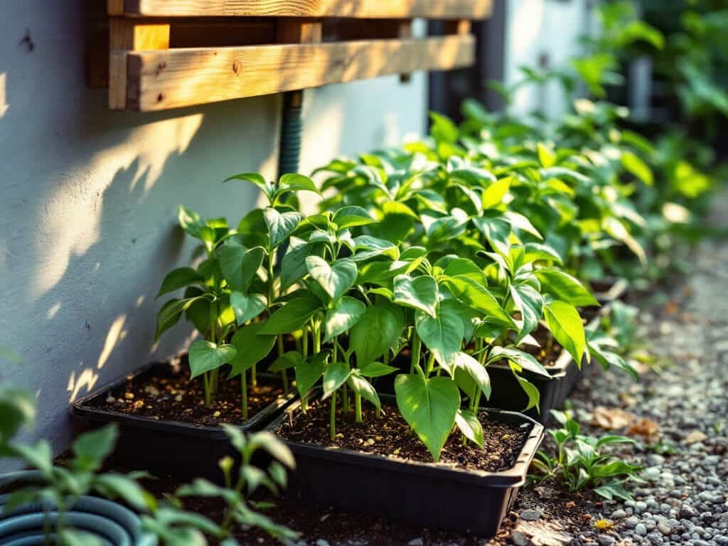 Two trays of pepper seedlings in dappled shade under a wooden potting table during hardening off.