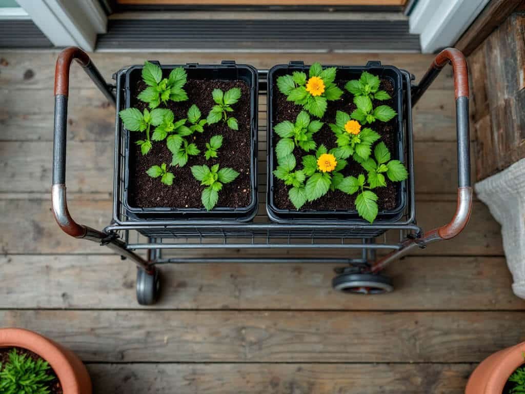 A garden cart of tomato and marigold seedlings parked at a back door, ready to be brought in overnight.