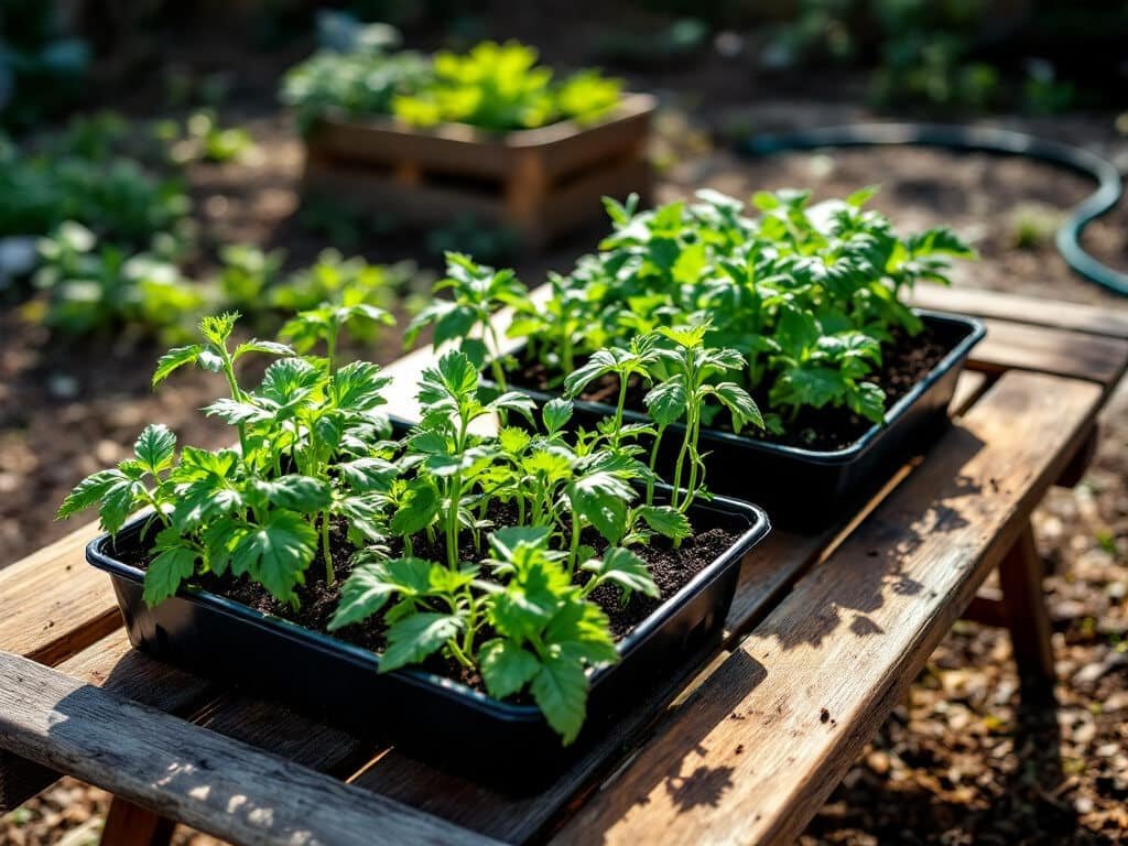 Tomato and kale seedling trays on a bench at the edge of morning sunlight as outdoor time is extended.