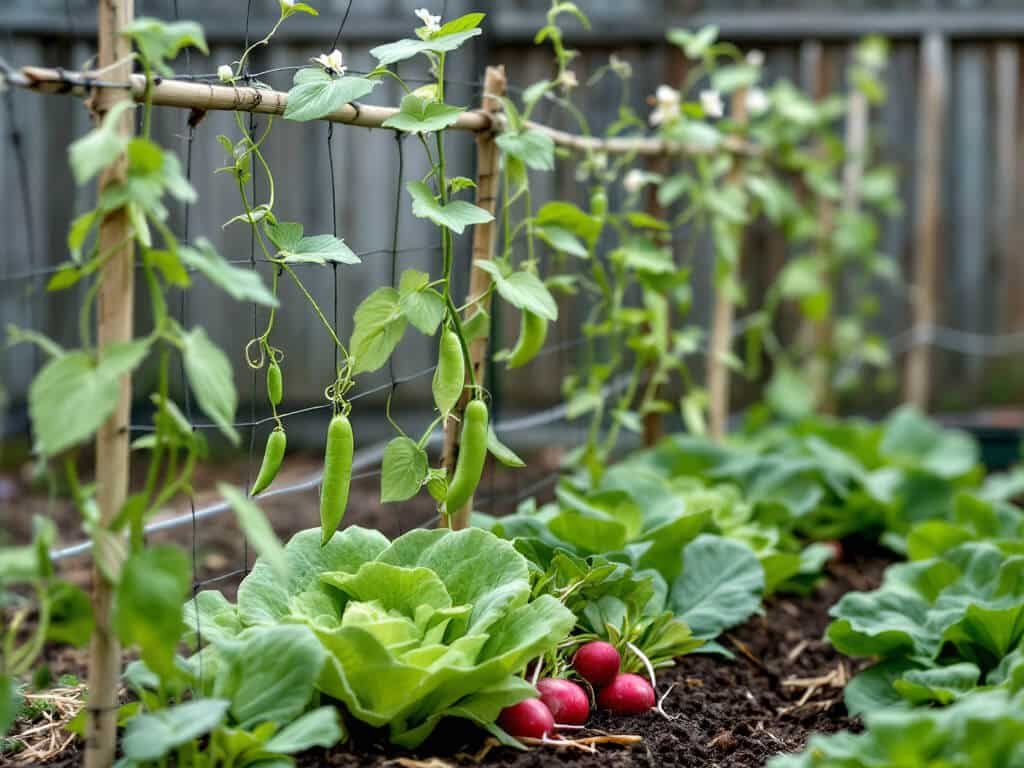 Pea vines on a trellis in a raised bed with lettuce, radishes and spinach growing in front.