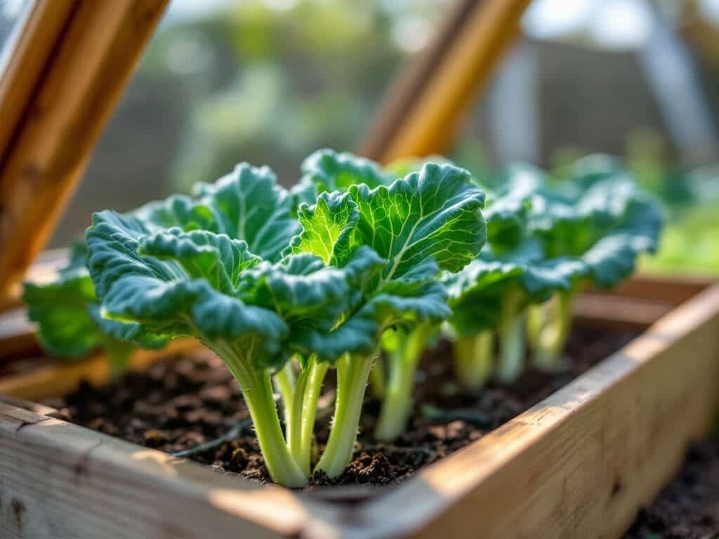 Healthy kale seedlings in a cell tray inside a cold frame with the lid propped fully open to the air.