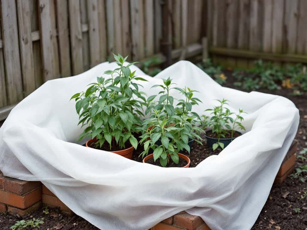Tomato and pepper seedlings in a raised bed under white fleece on hoops, one edge folded back.